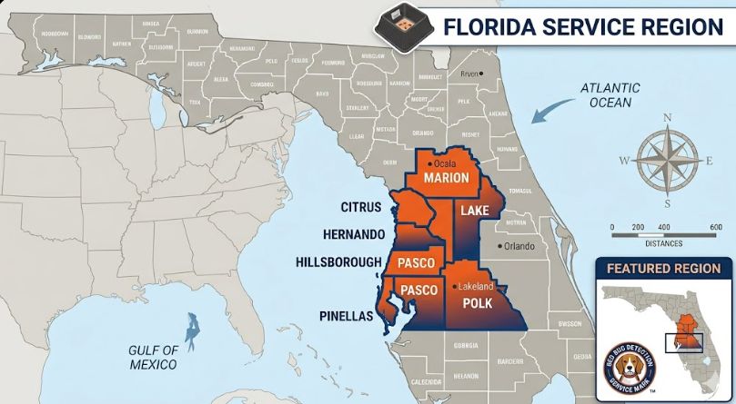 Map of the Florida counties BedBug Heat Solutions of Florida serves