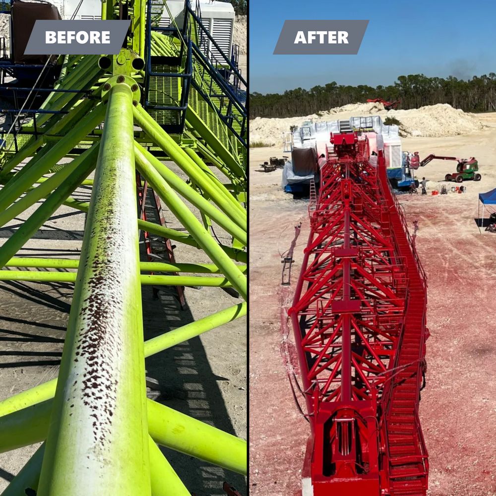 Crane lattice boom shown before and after blasting and recoating