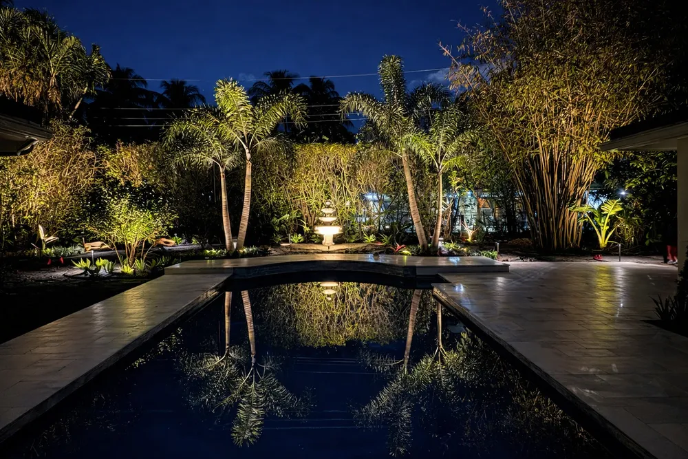 The same pool, fountain and palms lit at night