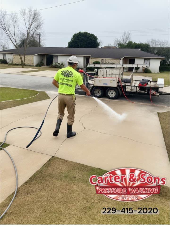 Our concrete cleaning service revitalizes your surfaces by removing dirt, stains, and grime. Enhance curb appeal with our expert pressure washing team catering to all your concrete maintenance needs. for Carter & Son's Pressure Washing in Valdosta, GA
