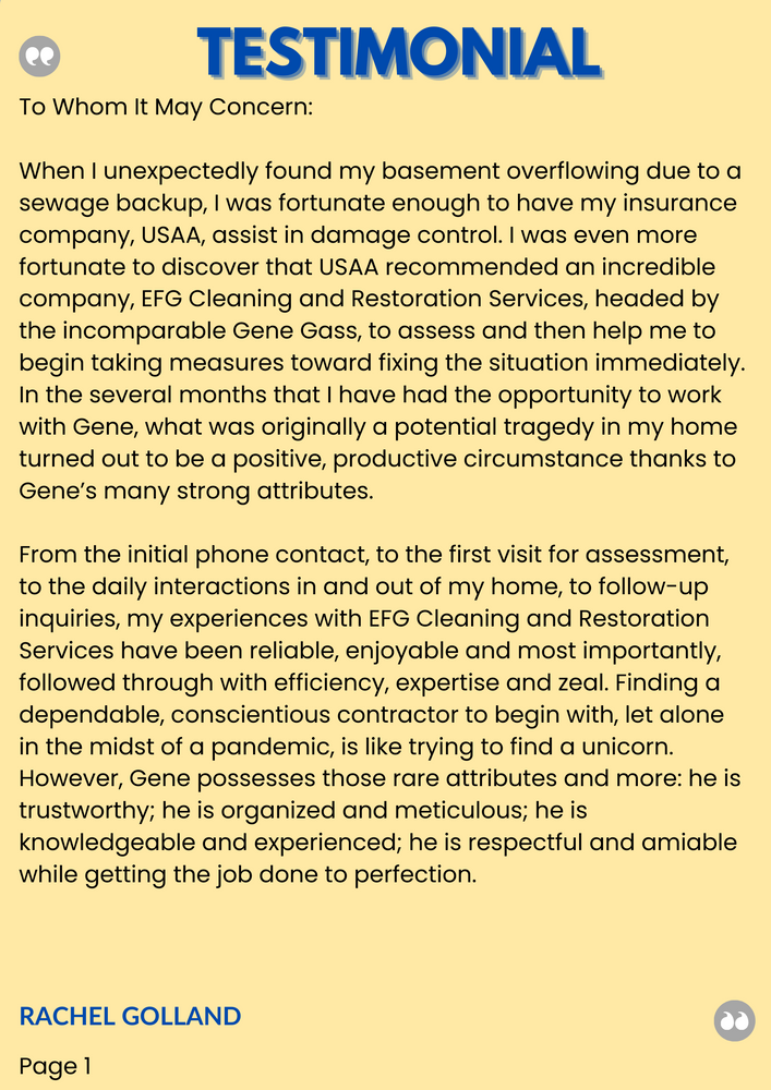 Customer Testimonials for EFG Cleaning and Restoration in Poughkeepsie, NY