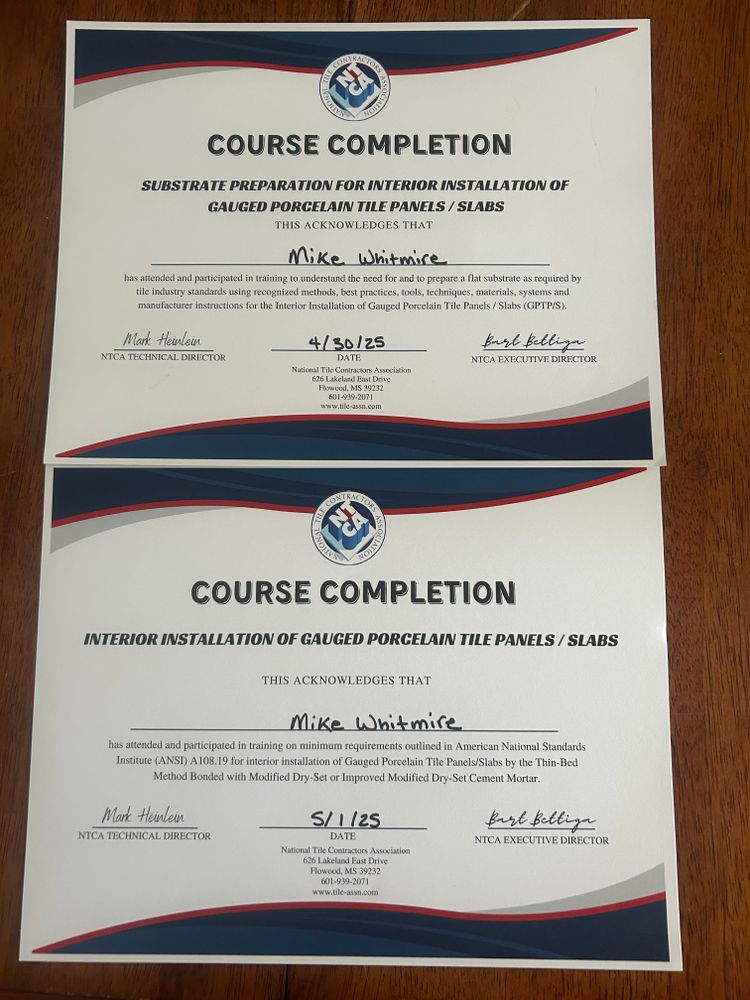 Certifications & Training for Guadalupe Tile Company in New Braunfels, TX