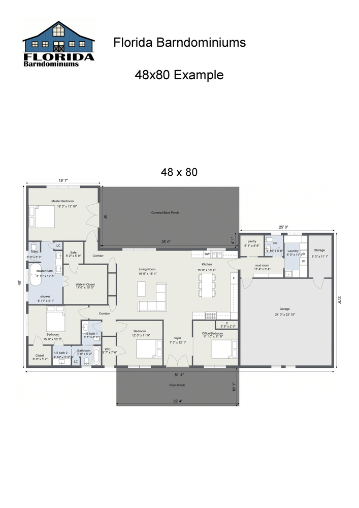 1-Level Floor Plans  for Florida Barndominiums in Homosassa Springs, FL