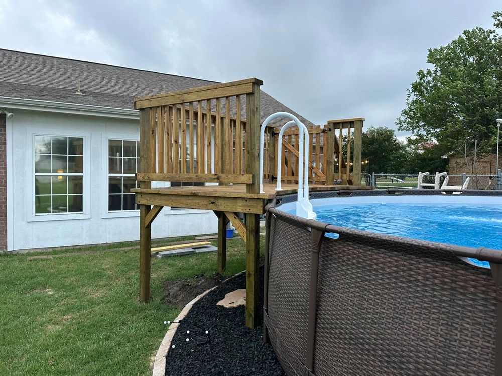 Enhance your outdoor space with our custom pool decks, designed for durability and style. We offer expert craftsmanship and materials to create a safe, beautiful area perfect for relaxation and entertainment. for Timberline Deck & Patio in Covington, TX
