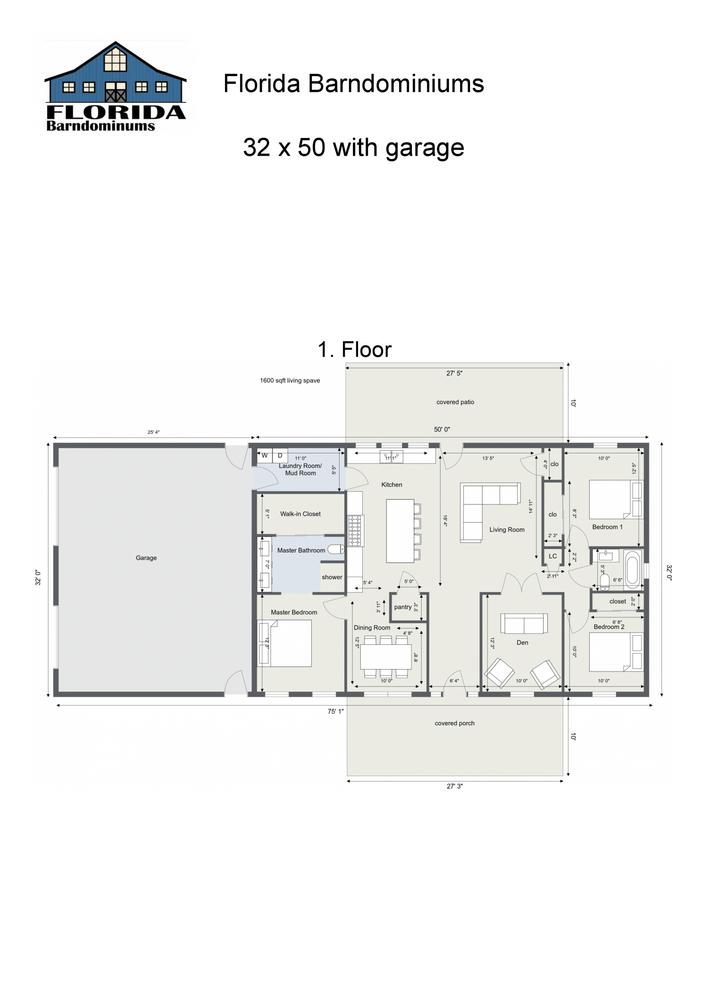 1-Level Floor Plans  for Florida Barndominiums in Homosassa Springs, FL