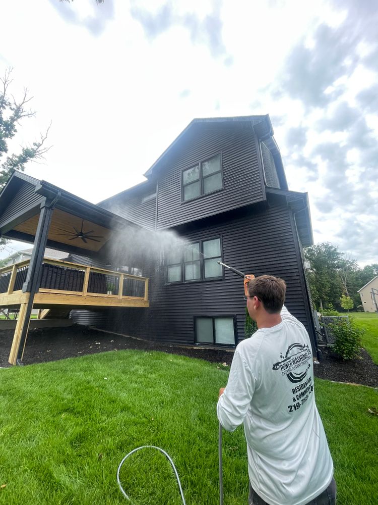 Our House Washing service uses a gentle, effective combination of pressure washing and soft washing to safely remove dirt, grime, mold, and algae from your home's exterior surfaces without causing damage. for Power Washing 219 in Saint John, IN