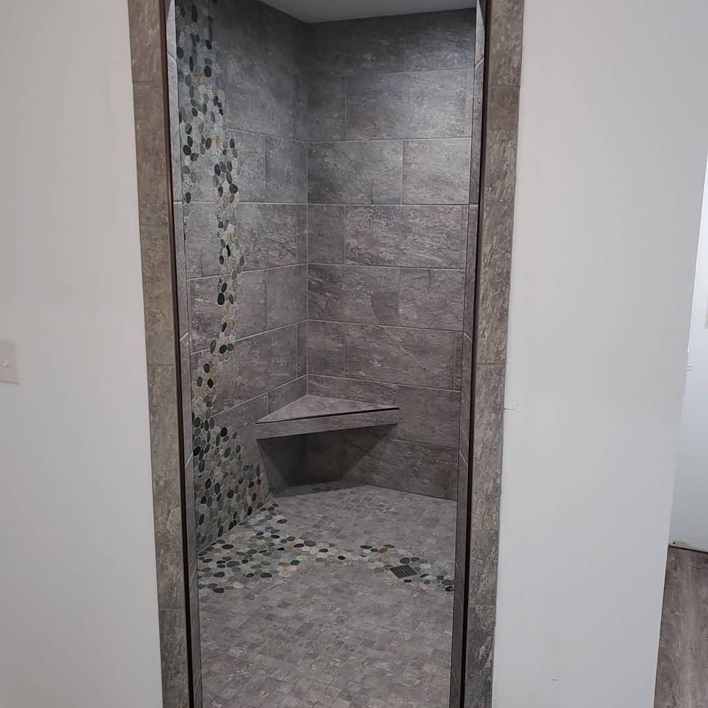 Scribed stone shower for Elite Tile in La Grande, OR