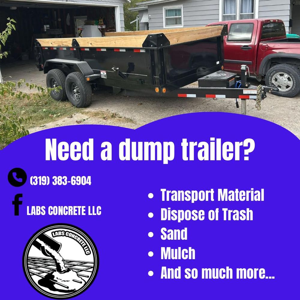 Our dump trailer service offers homeowners convenient, efficient removal of construction debris and waste from projects, ensuring quick cleanup and a clutter-free space to enhance project completion in your home. for LABS Concrete in West Liberty, IA