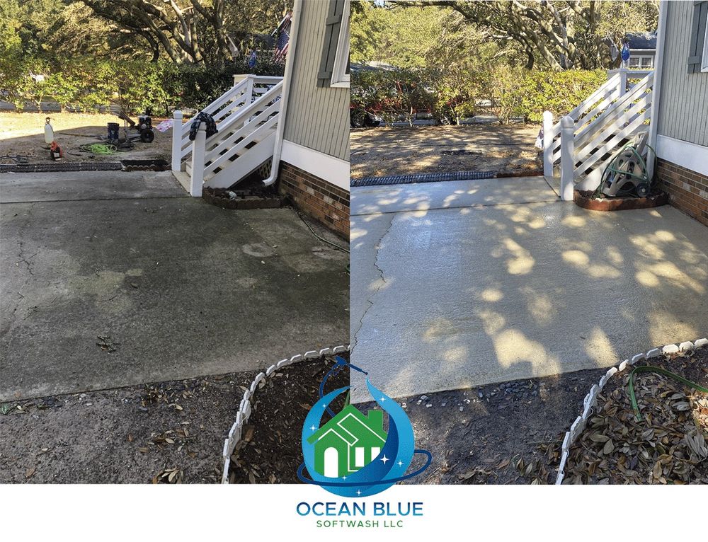 Enhance your home’s exterior with our Concrete Cleaning service. We remove dirt, stains, and grime from your driveway, patio, and walkways, leaving them looking clean and refreshed. for Ocean Blue Softwash in Kill Devil Hills, NC