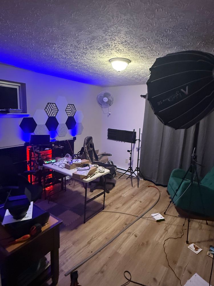 Home podcast studio with live switcher 4 hdmi feeds and Sony setup with chromacast capabilities for Victory Electric in Lexington, KY