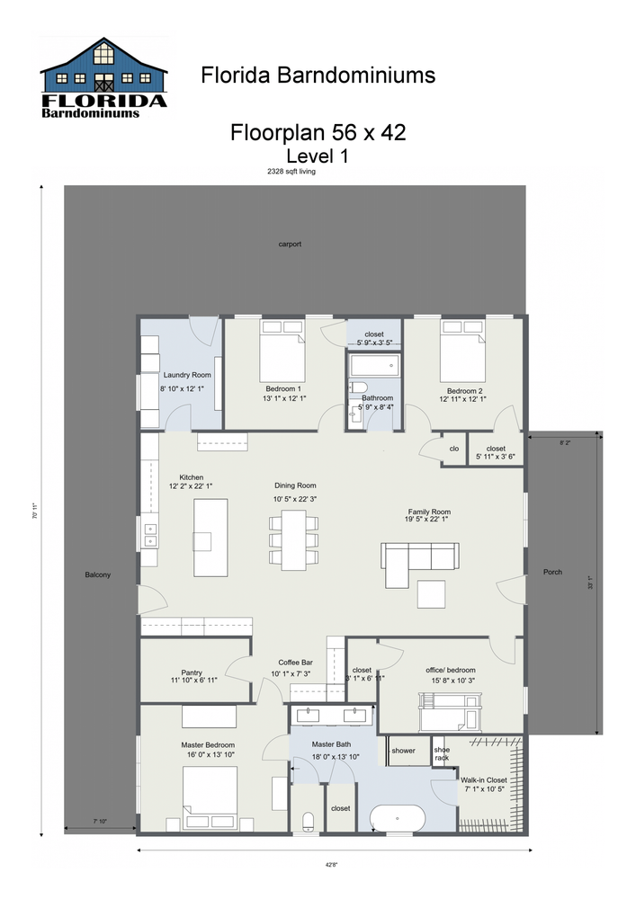 1-Level Floor Plans  for Florida Barndominiums in Homosassa Springs, FL