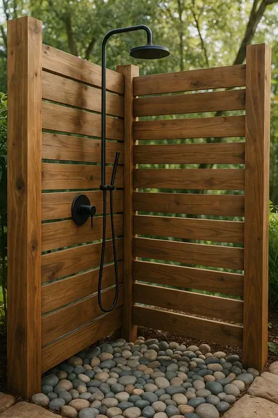 Our Wooden Pool Showers provide a stylish and functional addition to your backyard, offering convenience and enhancing the aesthetic appeal while complementing our high-quality fencing solutions for a cohesive outdoor space. for Phillips Fencing Solutions in Pensacola, FL