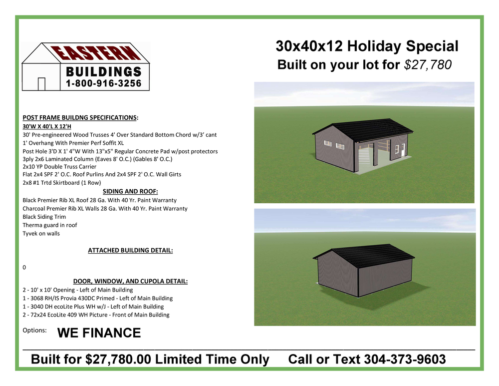 Discover our exclusive Specials , offering homeowners tailored buildings and discounts on new construction projects. experience premium craftsmanship at exceptional value, transforming your vision into reality within your budget. for Eastern Buildings in Parkersburg, WV