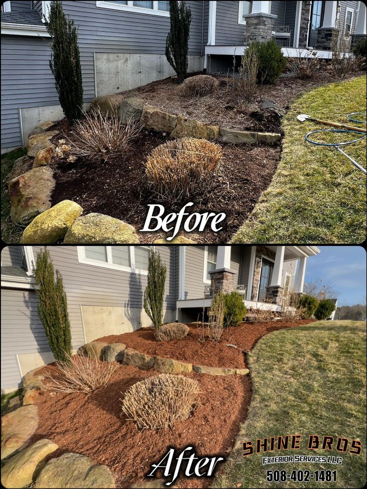 Enhance your garden's health and appearance with our expert mulch installation service. We provide premium, eco-friendly mulch to retain soil moisture, prevent weeds, and enrich your landscape effortlessly. for ShineBros in Rehoboth, MA