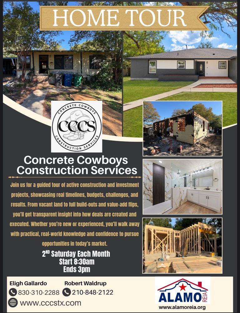 Join us every month for a guided, in-field Home Tour where we walk active real estate projects from ground-up new construction to value-add renovations and expansions. Designed for both new and experienced investors, this tour offers for Concrete Cowboys Construction Services in San Antonio, TX