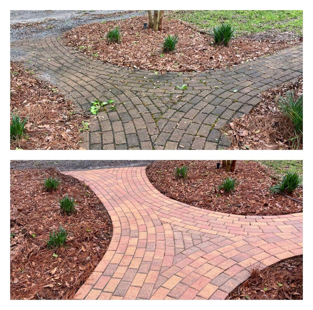 Our Driveway & Sidewalk Cleaning service offers professional pressure washing and soft washing techniques, ensuring a clean and attractive outdoor space for your home. for Panhandle Exterior Pros LLC in Milton, FL