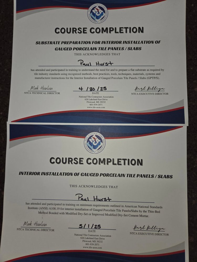 Certifications & Training for Guadalupe Tile Company in New Braunfels, TX