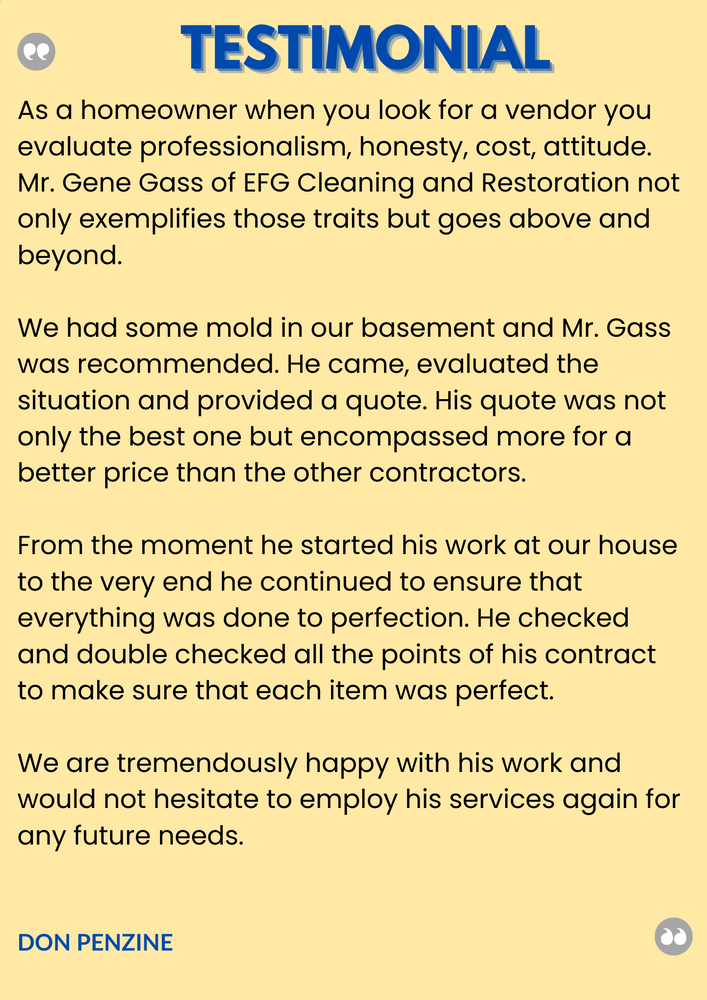 Customer Testimonials for EFG Cleaning and Restoration in Poughkeepsie, NY