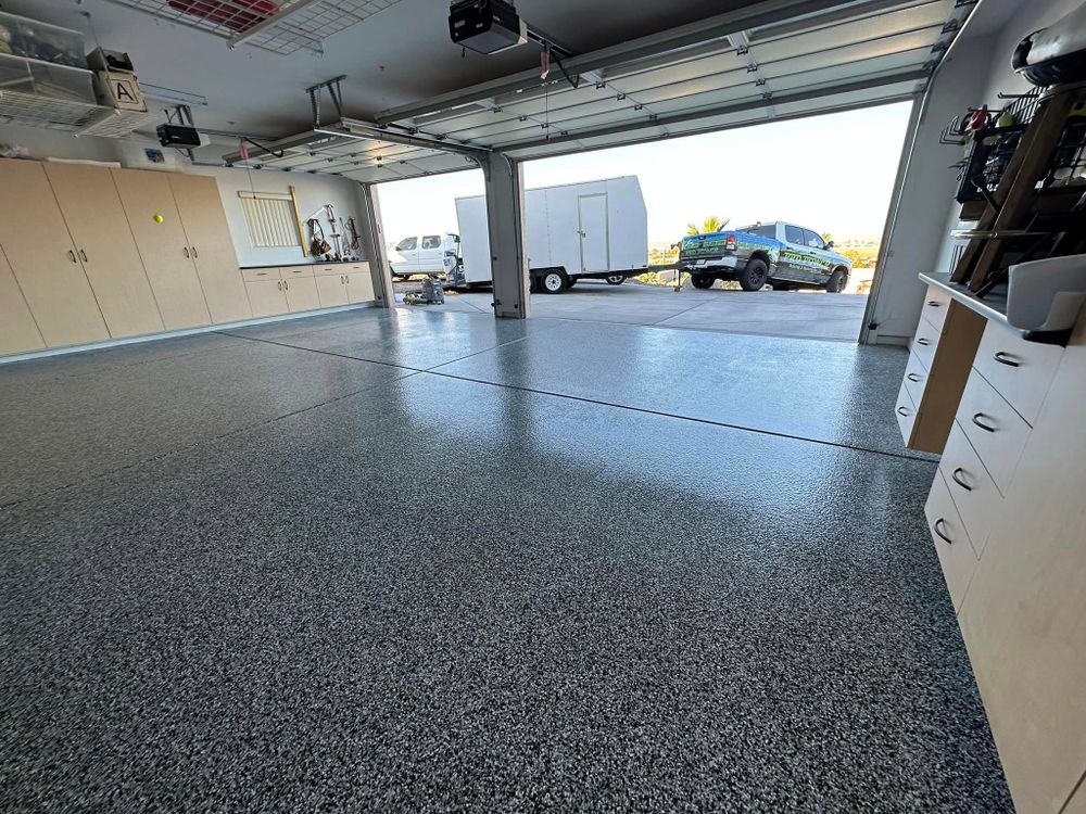 Transform your dull concrete floors into durable, glossy surfaces with our Epoxy Floor Coatings service. Enhance aesthetic appeal, improve durability, resist stains, easy to clean - elevate your home's ambiance today! for Pro Power Painting and Restoration LLC in Lake Havasu City, AZ