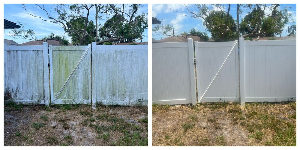 Enhance your home's curb appeal with our Fence Cleaning service. We utilize professional pressure washing techniques to thoroughly clean and restore the beauty of your fence, just like our roof cleaning service. for My Softwash Guys in North Port, FL