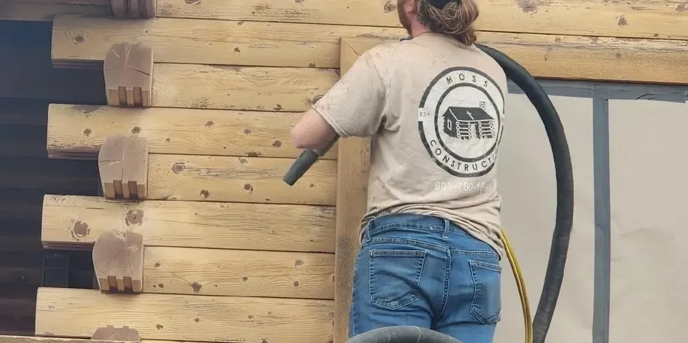 Revitalize your log home with our Media Blasting service, which efficiently removes old finishes and stains, preparing the wood for a fresh look while maintaining the integrity of its natural beauty. for Moss Construction in Longview, TX