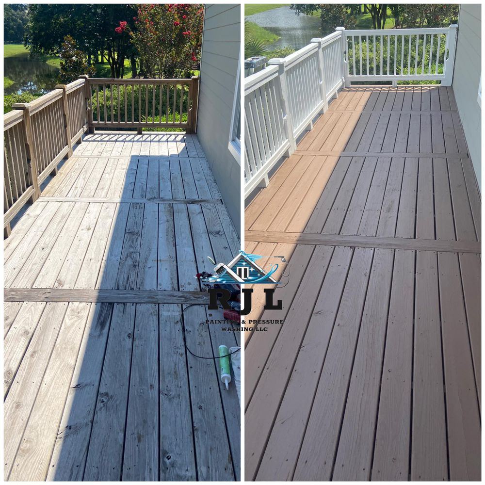 Our Staining service enhances and protects the natural beauty of your wood surfaces, providing long-lasting durability and a fresh, vibrant appearance to elevate the overall aesthetics of your home. for RJL Painting & Pressure Washing LLC in Charleston, SC