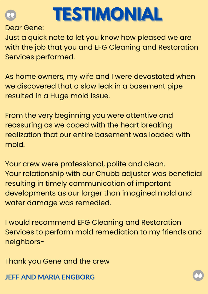 Customer Testimonials for EFG Cleaning and Restoration in Poughkeepsie, NY