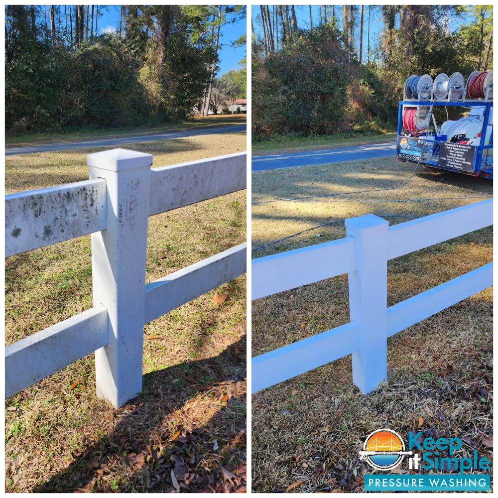 Our Fence Washing service is a great way to clean your fence and restore its natural color. We use a safe and effective soft wash technique to ensure that your wood is not damaged. This technique cleans the dirt, grime, and organic growth from your fence. Our experienced professionals will work diligently to get your fence looking new again. for Keep It Simple Pressure Washing in Brunswick, GA