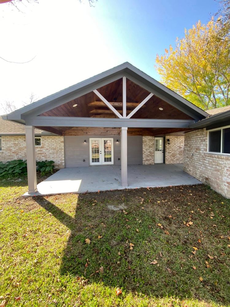 Enhance your outdoor living space with our custom patio covers, offering protection and style. Our expert team will design and install a durable solution tailored to complement your home beautifully. for Starside Construction in Santa Fe, TX