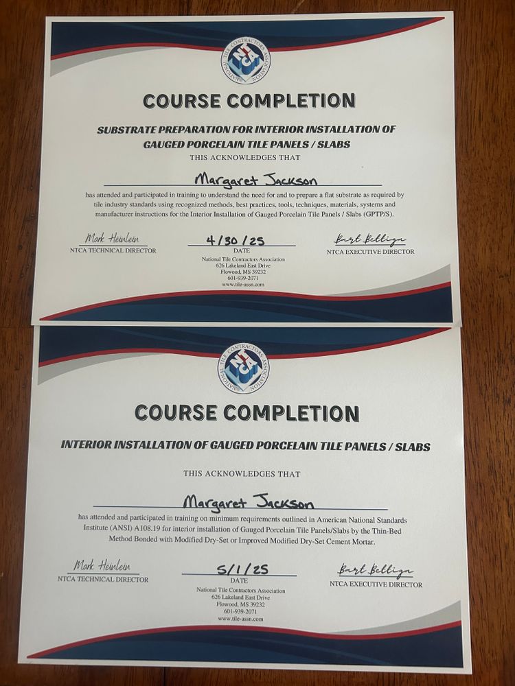 Certifications & Training for Guadalupe Tile Company in New Braunfels, TX