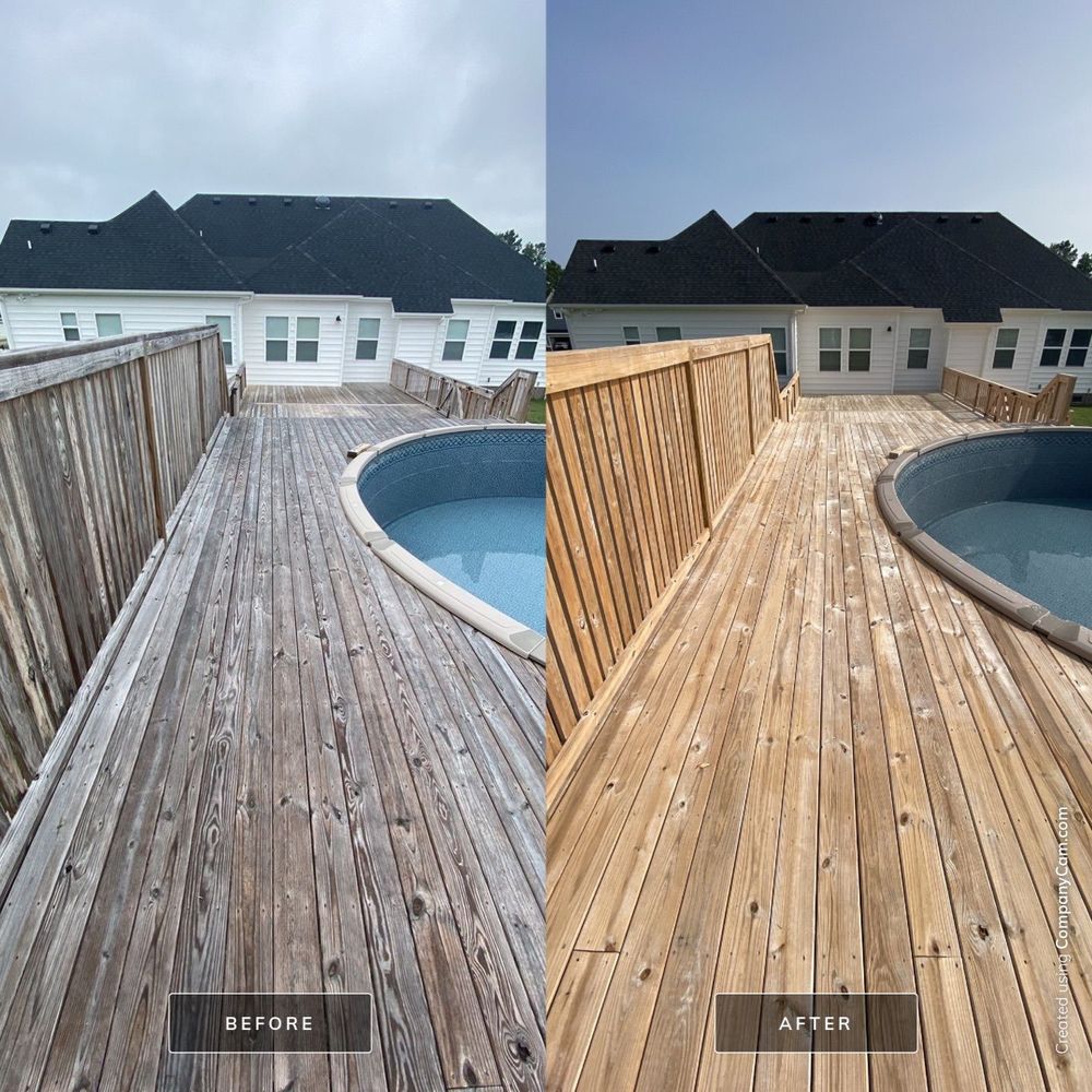 Our up to date methods of wood cleaning ensure your deck or fencing is cleaned & treated the right way. Hard or high pressure can and will destroy wood! Our soft wash mix & application process insures no splintered or feathered wood, while our post chemical treatment restores wood to its natural state. for Prime Time Pressure Washing & Roof Cleaning in Moyock, NC