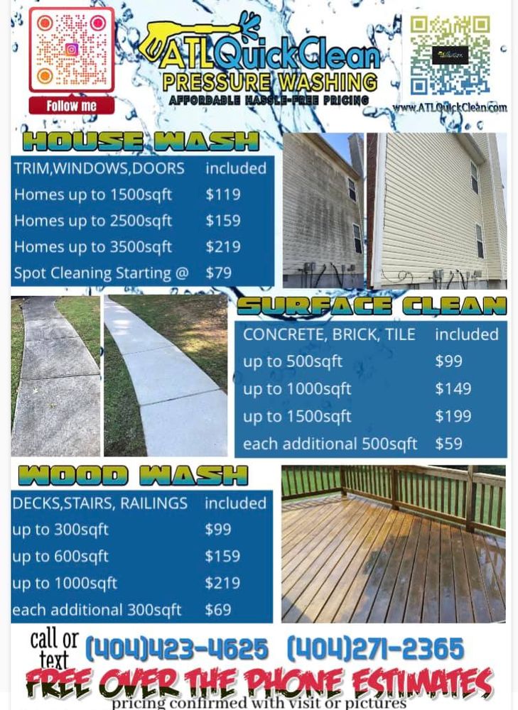 Pricing & Services for ATL Quick Clean Pressure Washing Services in Atlanta, GA