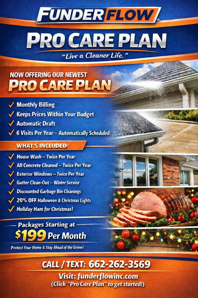 Our Pro Care Plan offers homeowners regular, scheduled pressure and soft washing services to maintain the beauty and longevity of their property's exterior, ensuring a spotless clean year-round without worry. for FunderFlow Commercial and Residential Pressure Washing Inc in Tupelo, MS