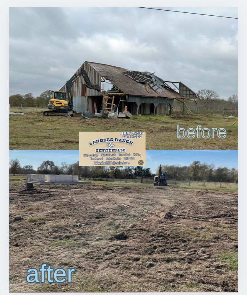 Our Land Clearing & Demolition service ensures safe, efficient removal of unwanted structures and vegetation, preparing your property for new projects with precision and care to enhance usability and aesthetic appeal. for Landers Ranch Services in Anderson, TX