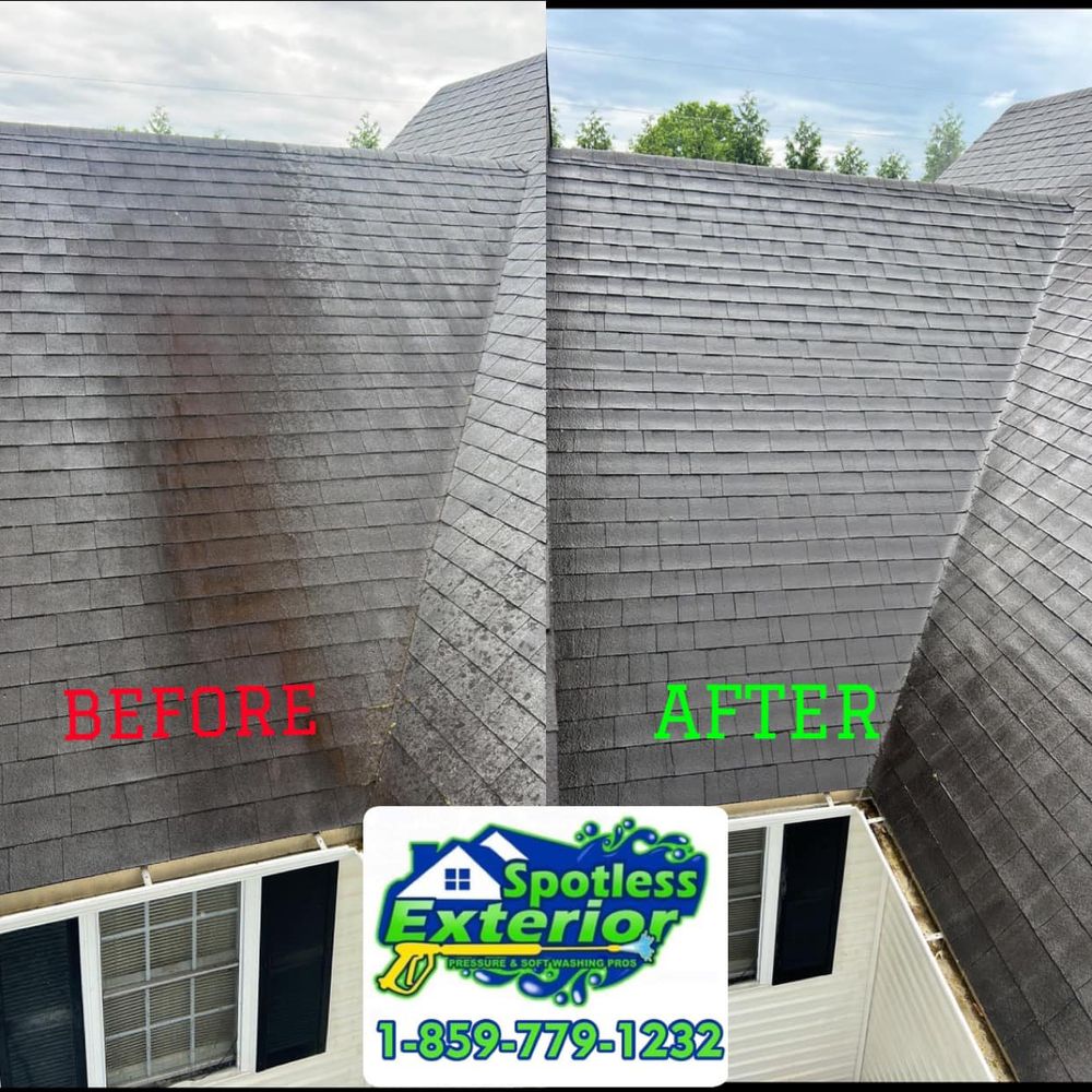 Our Roof Washing service safely removes algae, moss, and dirt from your roof using high-pressure water to restore its appearance and extend its lifespan. Trust our expertise for a cleaner home! for Spotless Exterior in Mt Vernon, KY