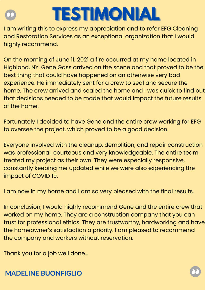 Customer Testimonials for EFG Cleaning and Restoration in Poughkeepsie, NY