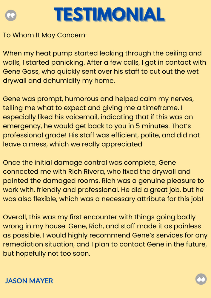 Customer Testimonials for EFG Cleaning and Restoration in Poughkeepsie, NY