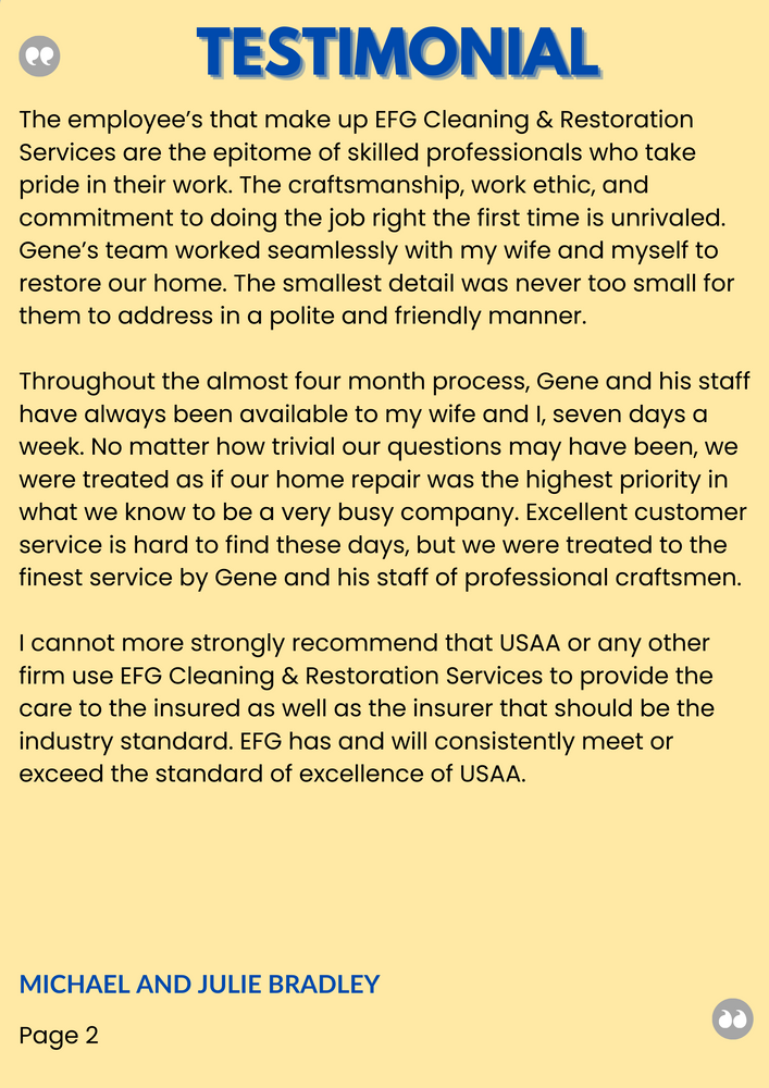 Customer Testimonials for EFG Cleaning and Restoration in Poughkeepsie, NY