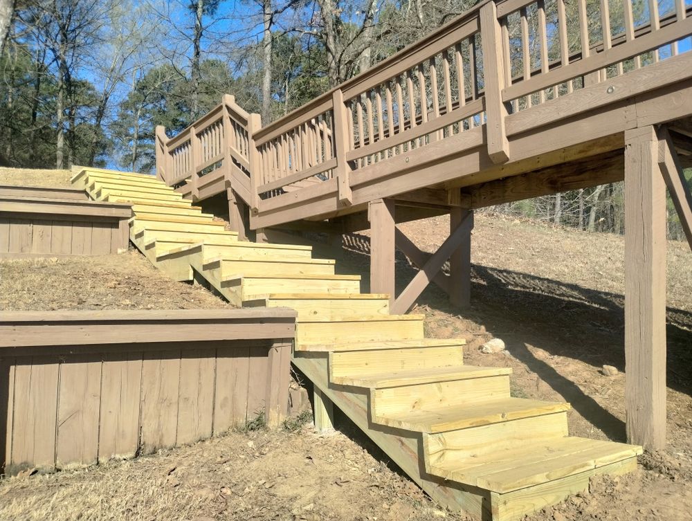 Enhance your home's appeal with our expert stair design and installation services, perfectly complementing our deck & patio installation to create seamless transitions and stylish outdoor living spaces. for Rogers Construction in Mount Vernon, TX