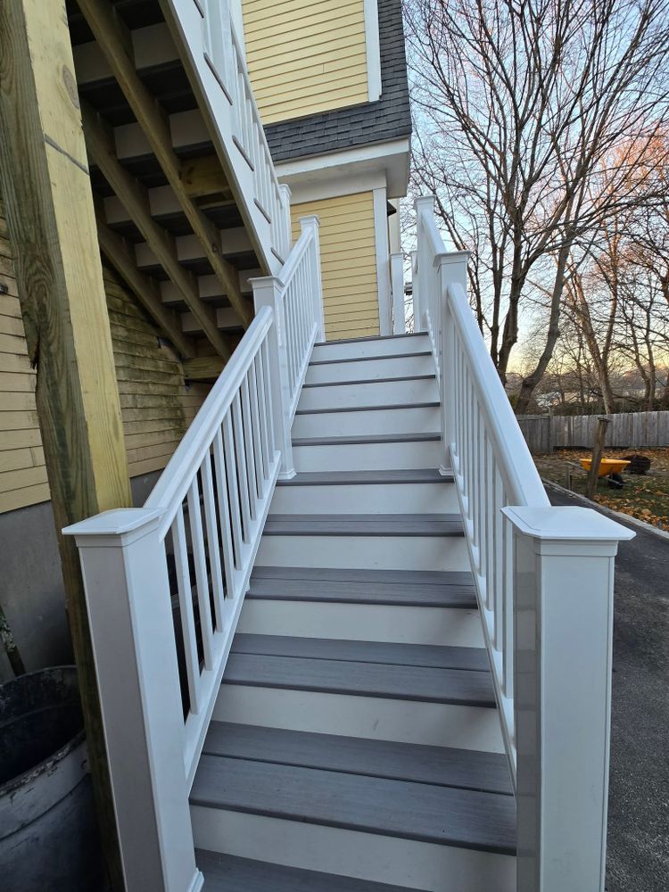 Transform your outdoor space with our expert stair design and installation service, perfectly complementing your deck & patio installation. Elevate safety and style for durable, beautiful transitions between levels. for Eglin Construction in Georgetown, MA