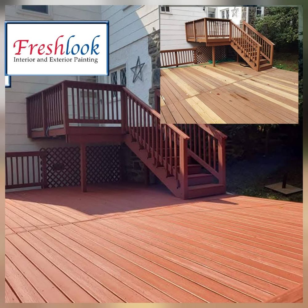 Freshlook Painting LLC offers professional deck staining in Springfield, PA and throughout Delaware, Chester & Montgomery Counties. We restore and protect wood decks with premium stains. Free estimates. Call 610-544-4111. for Freshlook Painting LLC in Springfield, PA