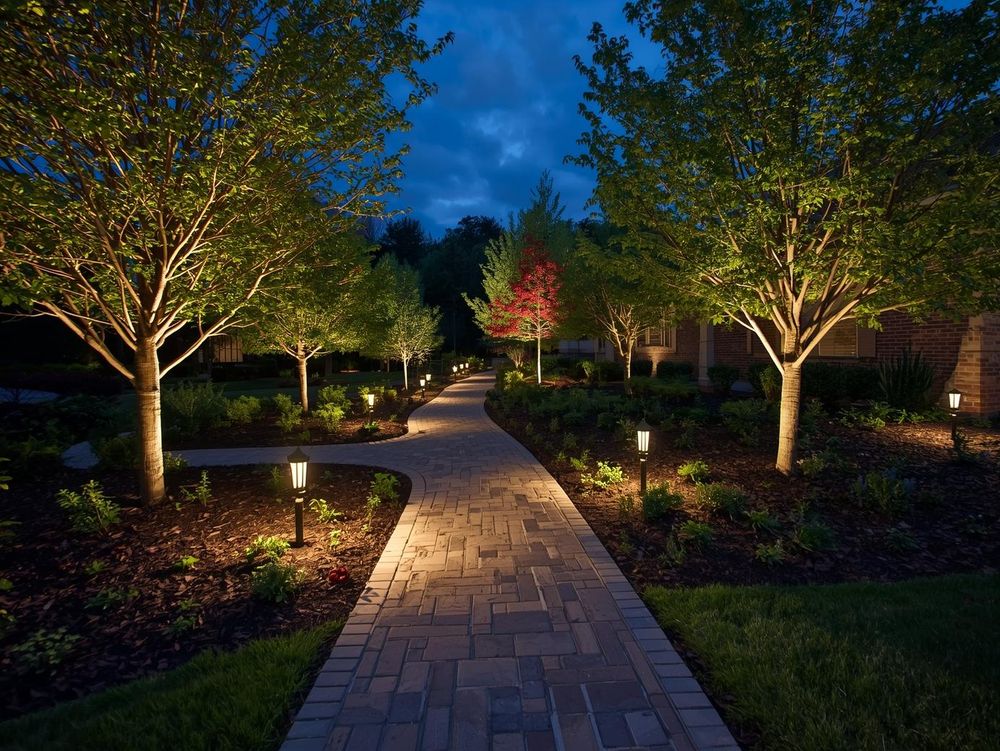 Enhance your outdoor space with our expert landscape lighting services, providing beautifully illuminated pathways and gardens that increase safety, security, and aesthetic appeal for a stunning nighttime ambiance. for K&R Landscaping - Commercial in Cincinnati, OH