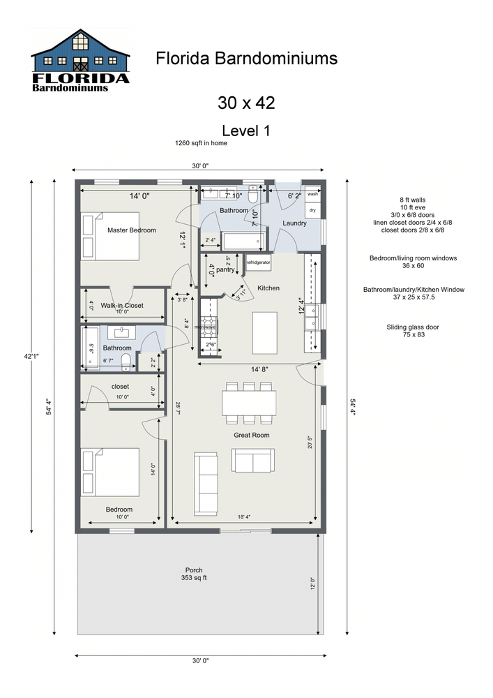 1-Level Floor Plans  for Florida Barndominiums in Homosassa Springs, FL