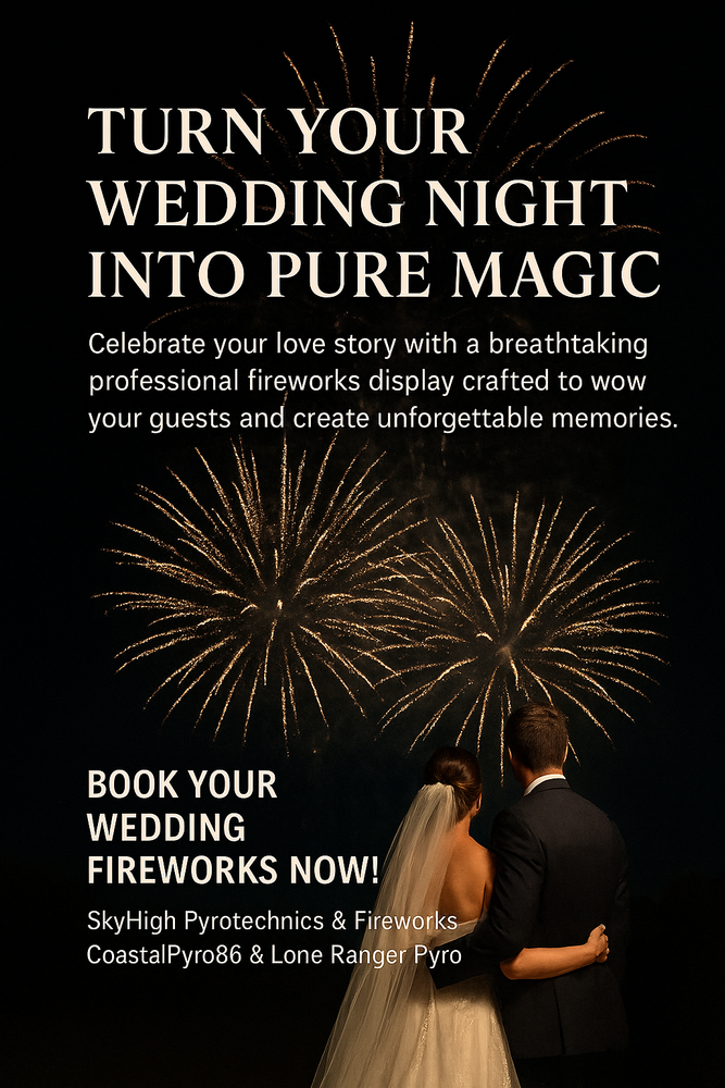Enhance your special day with our Wedding Fireworks Near Me service; offering stunning displays tailored to your venue that ensure a memorable celebration right at your doorstep for you and your guests! for Sky High Pyrotechnics & Fireworks Serving South Carolina, Georgia and Delaware. Wedding fireworks display company, Fourth of July fireworks display, gender reveal fireworks display, near me, Myrtle Beach Charleston Horry County Georgetown County. in Horry County, SC