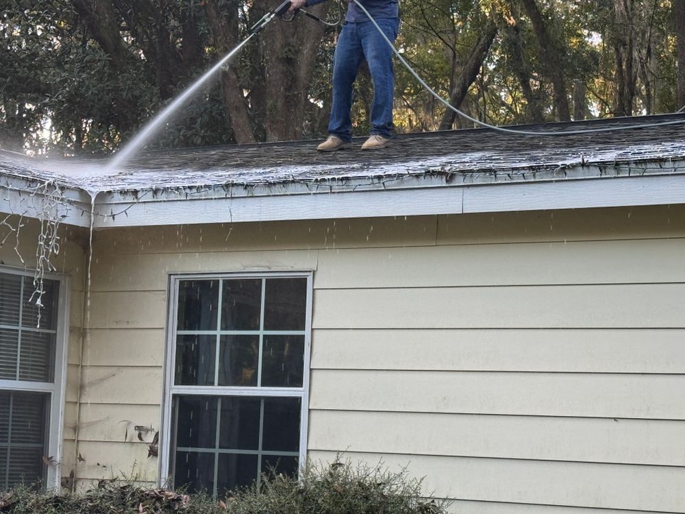 Our Roof Wash service utilizes gentle pressure washing techniques to effectively remove dirt, grime, moss, and algae from your roof, restoring its appearance and extending its lifespan. for Patriotic Pressure Washing & Paver Sealing in Green Cove Springs, FL