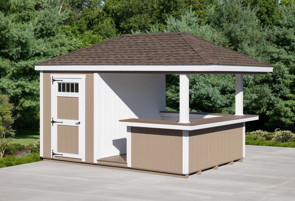 Discover our luxurious Pool House Villa, a perfect blend of style and functionality. Enhance your backyard with this elegant retreat, offering comfort and privacy for relaxation or entertaining guests. for Old Glory Sheds & Outdoors in Strasburg, PA