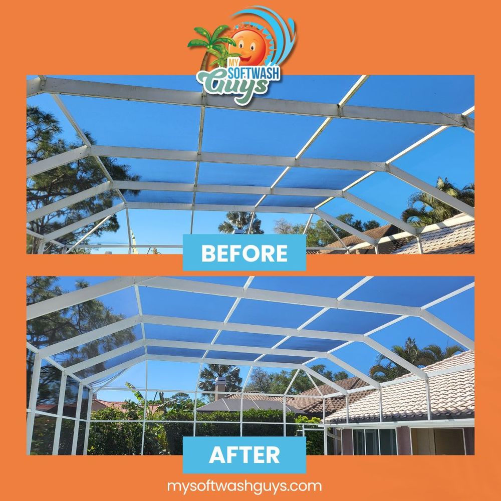 Our Pool Cage Cleaning service helps maintain the beauty and longevity of your pool enclosure by removing dirt, grime, and mold using gentle yet effective cleaning techniques for a sparkling clean finish. for My Softwash Guys in North Port, FL