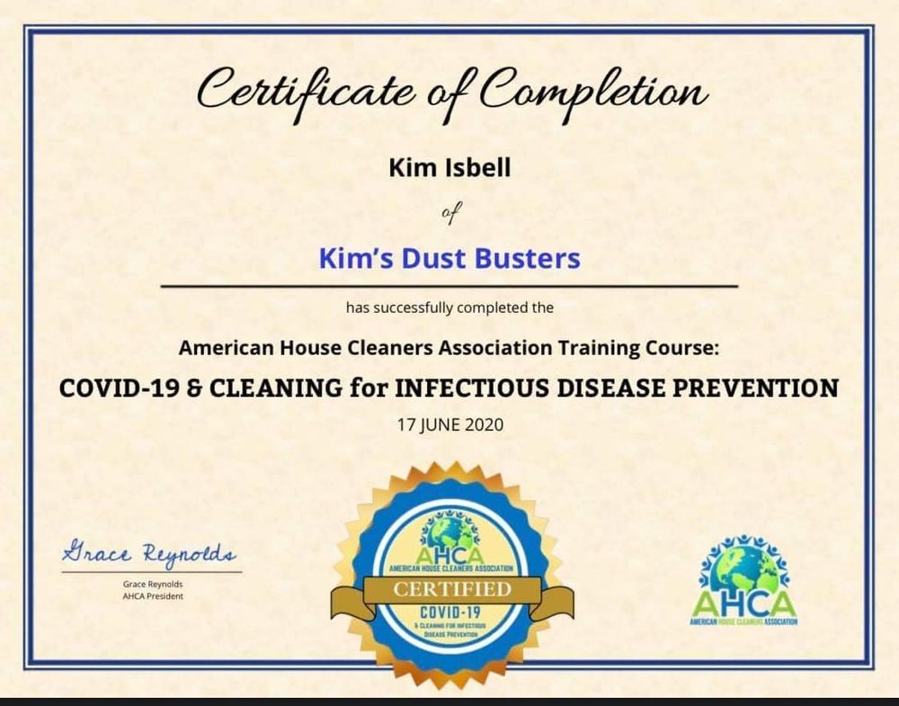 Certificates for Kim's Dust Busters in Lavonia, GA
