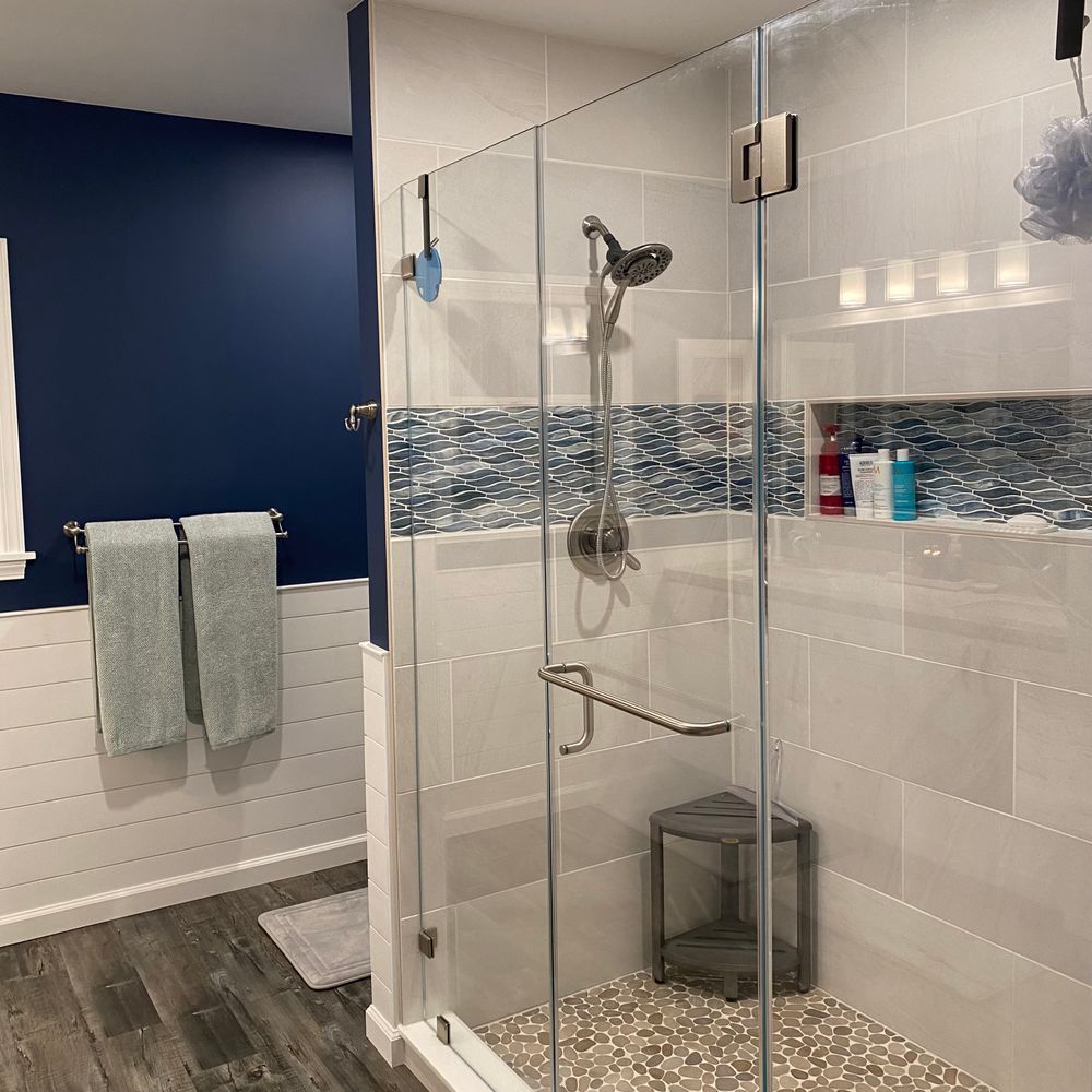 San Onofre Inspired His & Hers Shower for Beachside Interiors Design & Remodeling in Newport Beach, CA