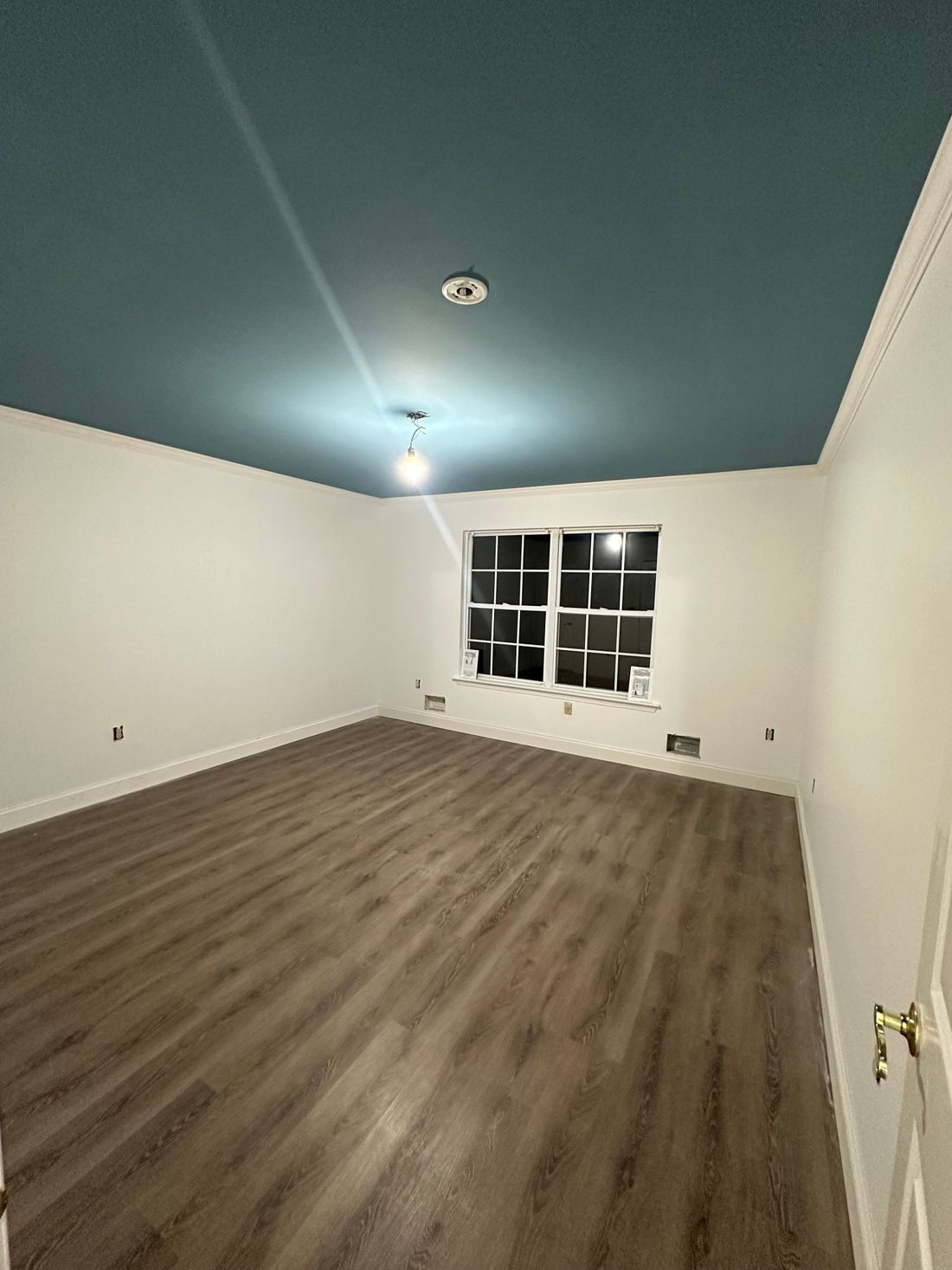 Freshly painted room with a teal ceiling